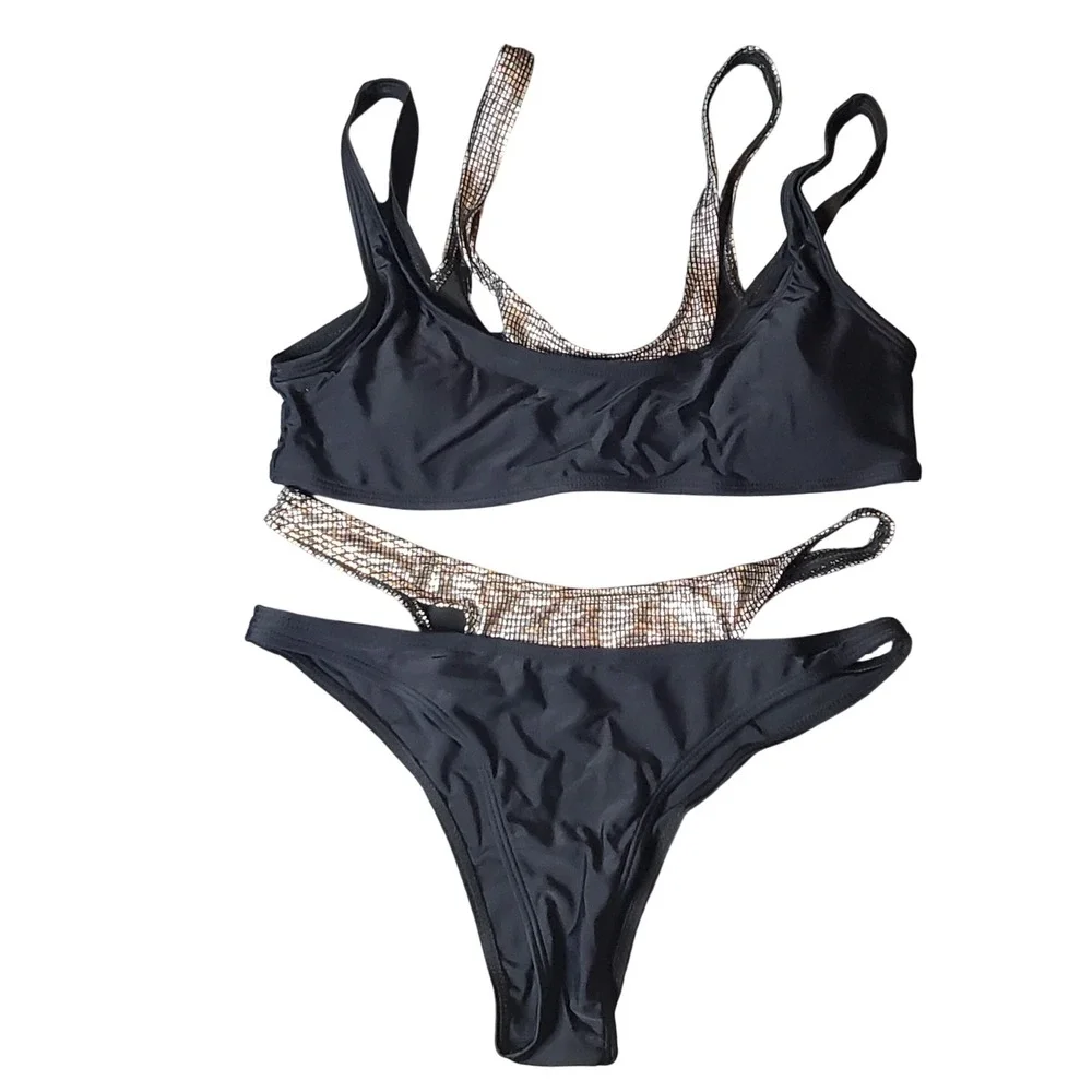 SHEIN Bikini Set Women Large Black Silver Metallic Layered‎ High Cut L